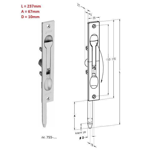 SOFI kantschuif 170x25, doornmaat 20, EV1. Incl stang 102mm