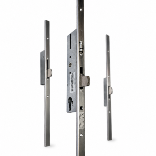 SOBINCO meerpuntssluiting CIL 35-92-F24 L uit de Sobinco 8400-serie (8411-type) met verlengde vlakke RVS F24-voorplaat van 2370 mm, zwenkschoten en rolschoot/zwenk-nachtschoot voor aluminium deuren.