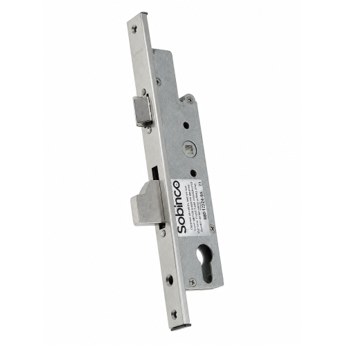 SOBINCO dag- en nachtslot 8605 met doornmaat 29 mm, PC92, RVS U24-voorplaat van 24 mm breed, 6,5 mm hoog en 274 mm lang, voorzien van een dagschoot en zwenk-nachtschoot met 14,5 mm dagschootuitsteek voor aluminium deuren.